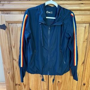 Zyia Active Jacket Rainbow Stripe Hooded Windbreaker Full Zip Navy Bomber Small